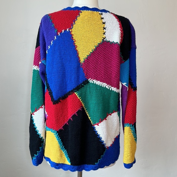 CASUAL CORNER Vintage 90s Hand Knit Patchwork Embroidered Sweater Novelty Size M - Picture 2 of 15
